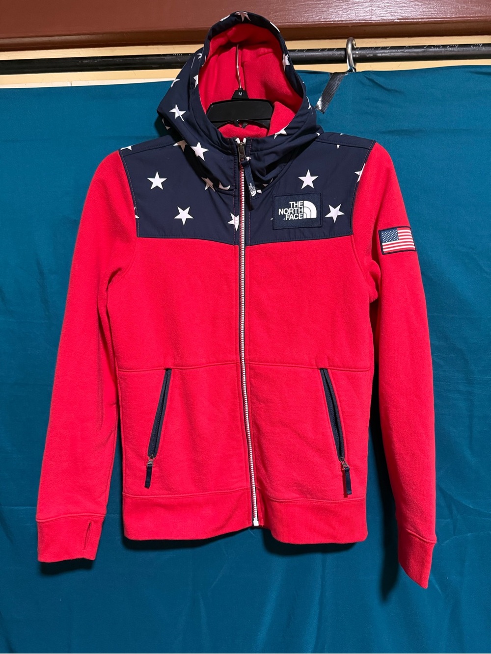 The North Face 2018 Olympic, Red Fleece Hoodie with Navy Star Yoke